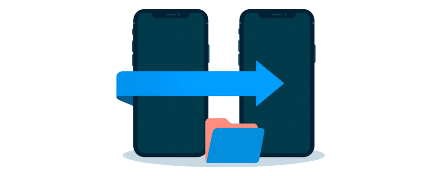 Illustration: two phones side by side with a blue arrow arcing between them and a folder below