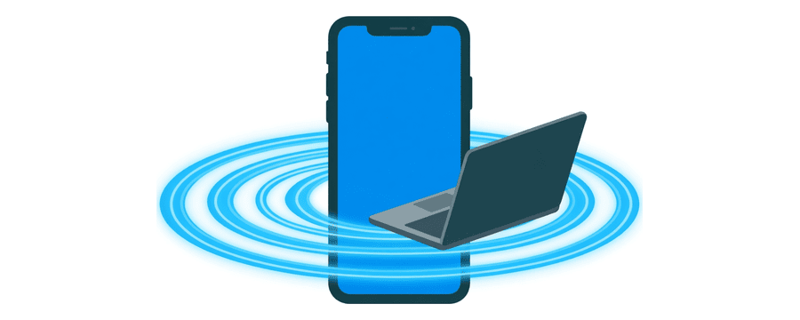 Illustration: a phone giving off wide blue signal rings with a laptop inside the outer ring