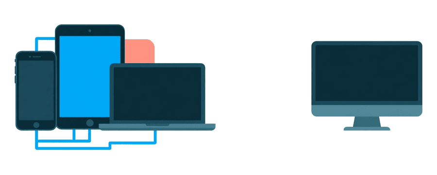 Illustration: a smartphone, tablet and laptop joined together on the left, and a desktop monitor standing alone on the right