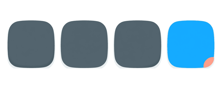 Illustration: four rounded app tiles in a row, three grey and one blue with a small coral dot