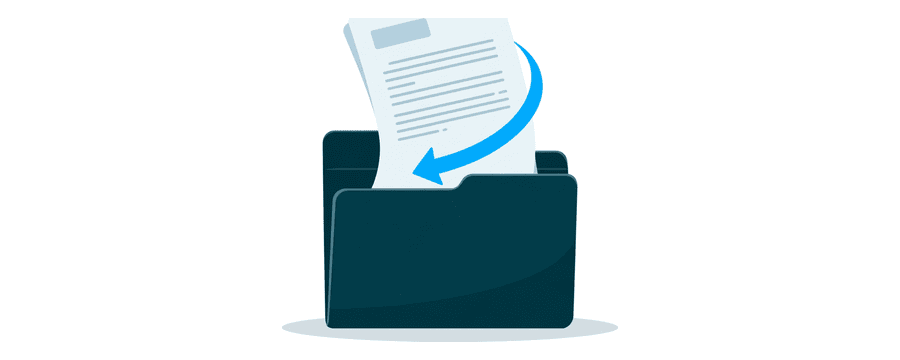 Illustration: a plain document page dropping into an open folder along a curved blue arrow