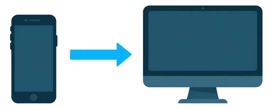 Illustration: a smartphone on the left with one straight blue arrow pointing to a desktop monitor