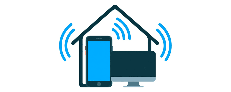Illustration: a smartphone and a desktop monitor inside a simple house outline, joined by blue signal arcs