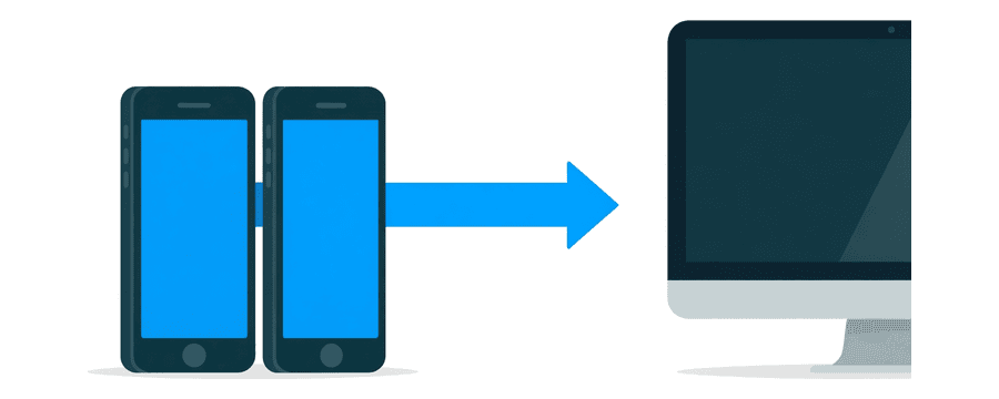 Illustration: two smartphones side by side, each with a straight blue arrow pointing to one desktop monitor