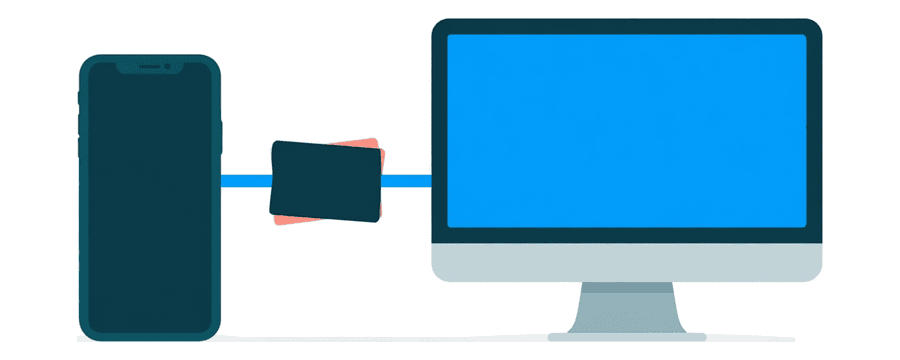Illustration: a smartphone and a desktop monitor side by side, joined by one short blue line with a small picture card resting on it