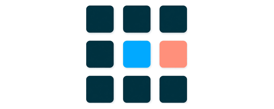 Illustration: nine small navy squares in three evenly spaced rows, with the middle square bright blue