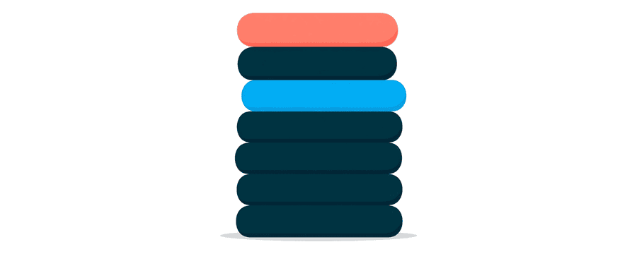 Illustration: nine horizontal bars stacked vertically, each shorter than the one above, the top two coral and the rest navy