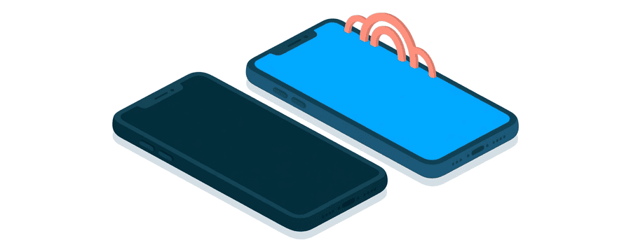 Illustration: two smartphones side by side, the left one plain navy and the right one blue with three small coral arcs above it