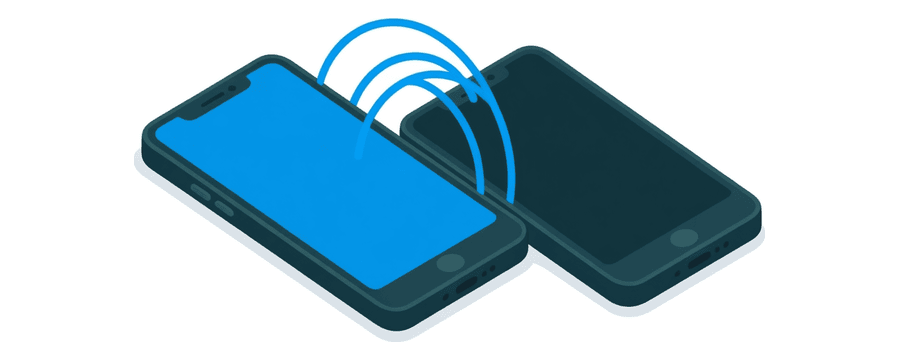 Illustration: two smartphones close together, joined by three short blue arcs, with wide empty white space all around them