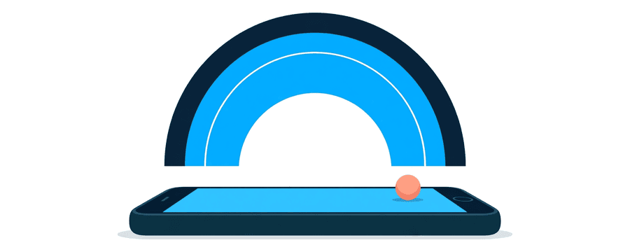 Illustration: a smartphone with three widening navy arcs above it and a small amber dot at the end of the widest arc