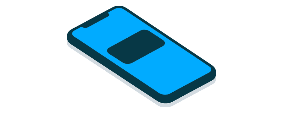 Illustration: a single smartphone lying alone with a bright blue screen and a small navy rounded rectangle near the top of it