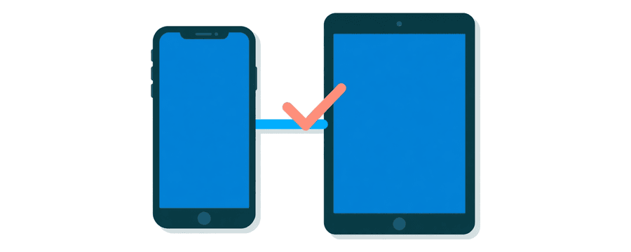 Illustration: a smartphone and a tablet side by side, joined by a short blue line with a small coral tick between them