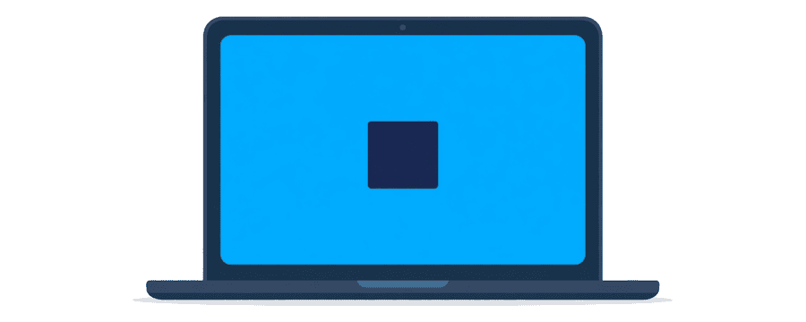 Illustration: a laptop lying alone with a plain bright blue screen and one small navy square at its centre