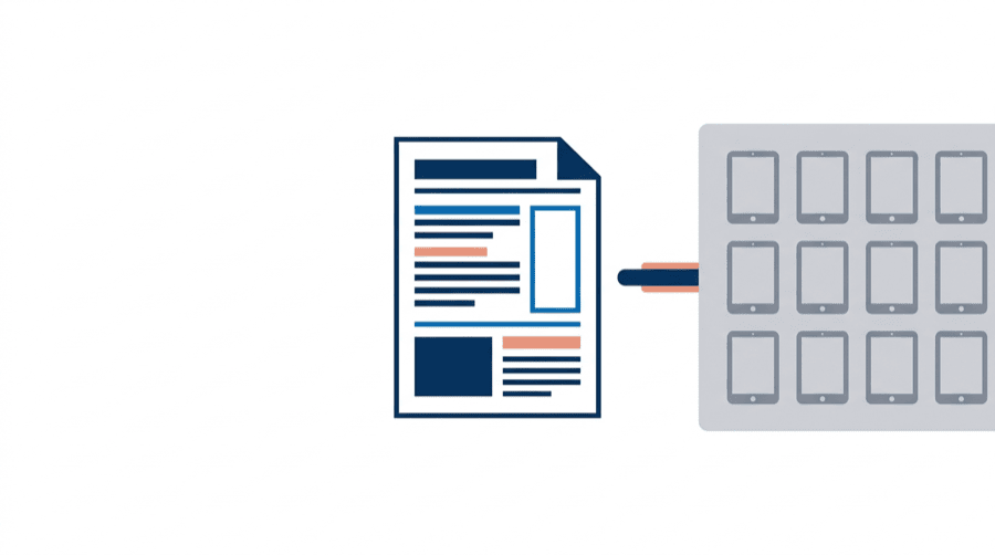 Illustration: one crisp document standing alone, with a much larger grid of device outlines pushed out of frame