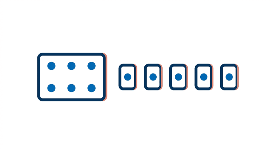 Illustration: one large tile with six dots beside five small tiles each holding one of those dots