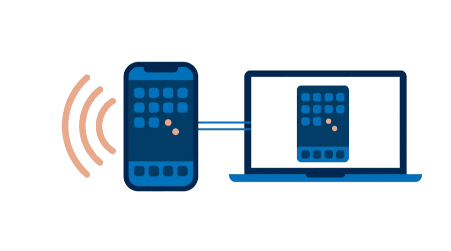 Illustration: a phone whose screen is duplicated onto a laptop, with a pointer dot on it and sound arcs at its edge