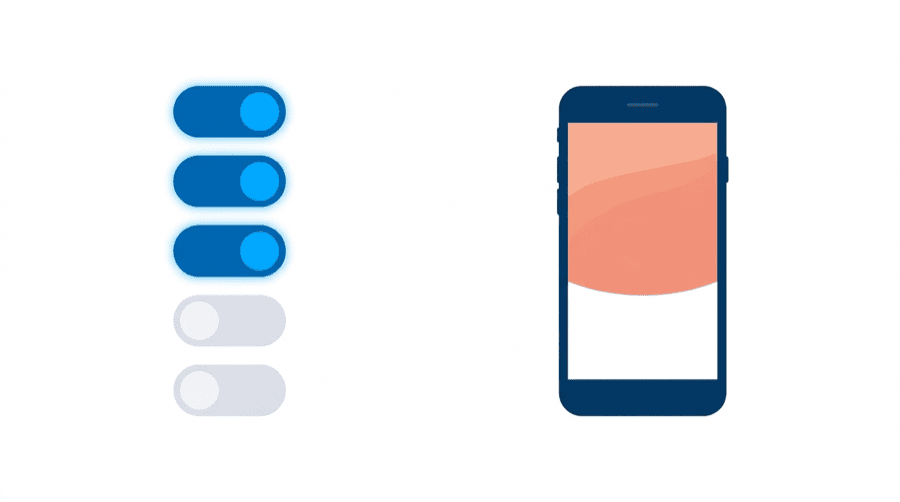 Illustration: five toggles with the top three on, beside a phone outline shaded across roughly its top three fifths