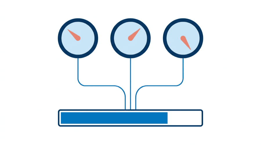 Illustration: three dials set at different angles feeding one wide gauge bar below them