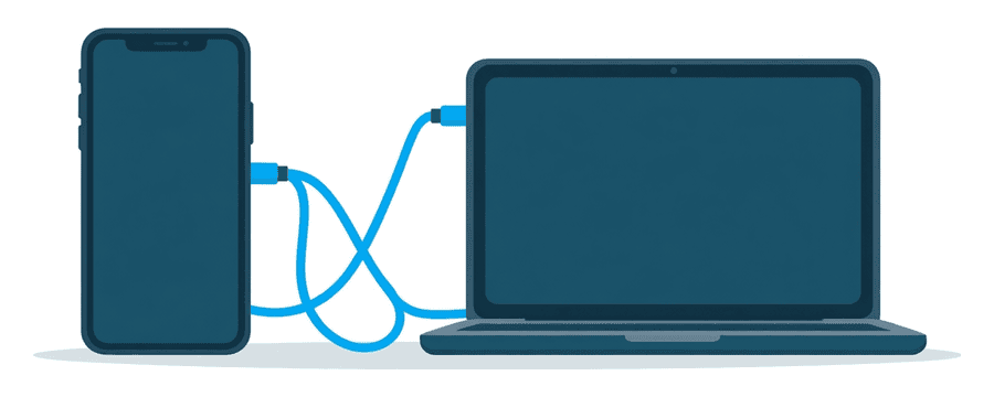 Illustration: a smartphone and a laptop joined by a single looping blue cable