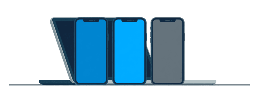 Illustration: three smartphones in a row beside a laptop, two of them blue and the far one grey