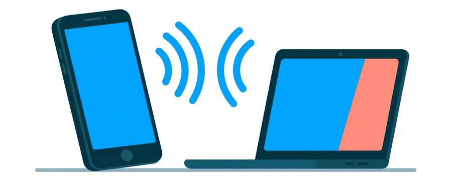 Illustration: a smartphone and a laptop standing apart with blue signal arcs in the gap between them