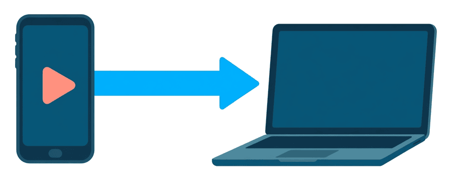 Illustration: a video frame card with a play symbol travelling along a blue arrow from a smartphone to a laptop