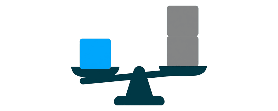 Illustration: a balance scale with one small blue square on one side and a stack of grey squares on the other