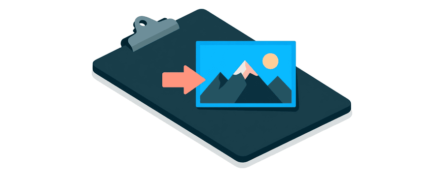 Illustration: a clipboard lying flat with a navy board, holding a blue picture card showing a simple mountain and sun landscape, with a short coral arrow pointing at it