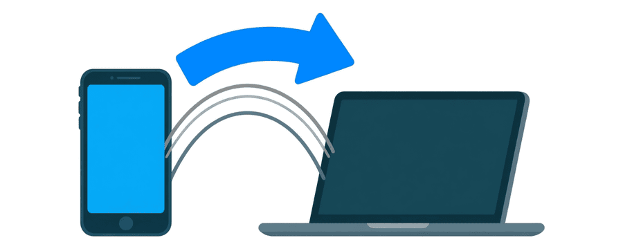 Illustration: a phone and a laptop joined by three curved arrows, only the top one blue