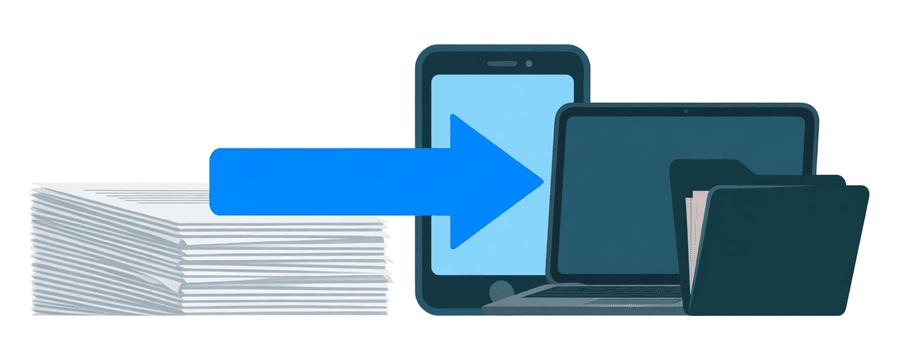 Illustration: a stack of document pages moving along a blue arrow from a phone to a laptop