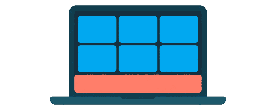 Illustration: a laptop screen holding six small square tiles with a solid coral band across the bottom
