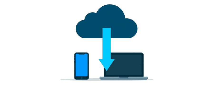 Illustration: a long blue arrow rising from a phone into a cloud and coming back down to a laptop