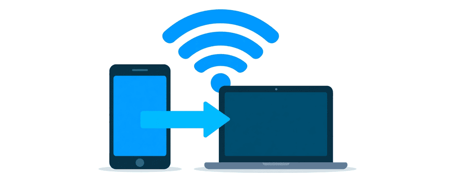 Illustration: a phone and a laptop joined by one short blue arrow under a large Wi-Fi symbol
