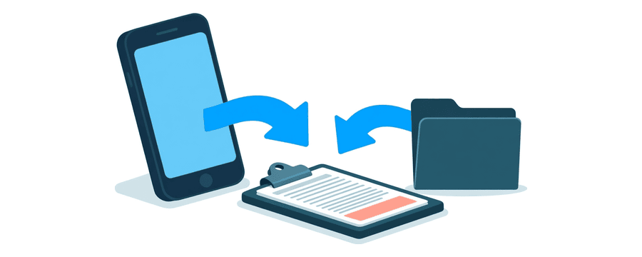 Illustration: two blue arrows leaving a phone, one to a flat clipboard and one to a closed folder