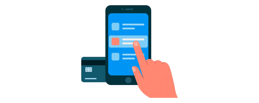 Illustration: a fingertip tapping one highlighted row in a phone subscription list, with a bank card beside the phone