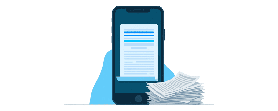 Illustration: a phone showing a scanned page with two highlighted lines, beside a loose pile of paper sheets