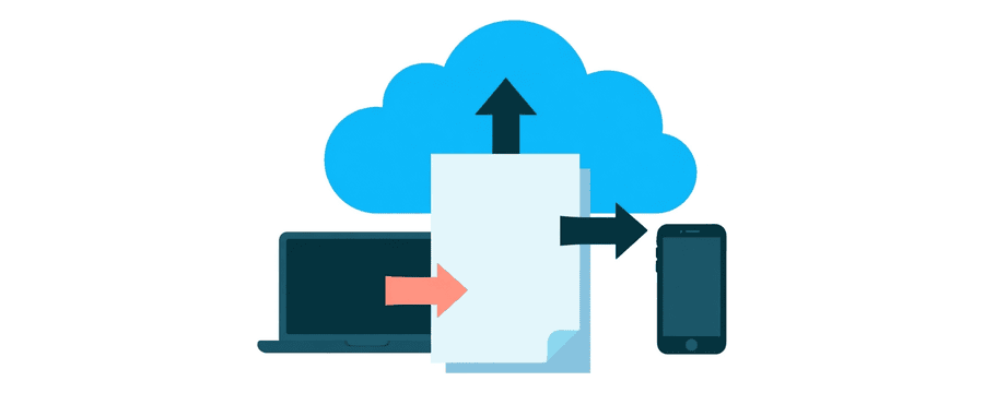 Illustration: one paper sheet with three arrows leading to a cloud, a laptop and a phone