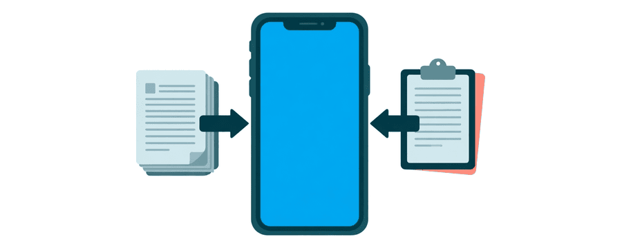 Illustration: a phone sending one arrow to a stapled bundle of pages and another to a clipboard with a single page