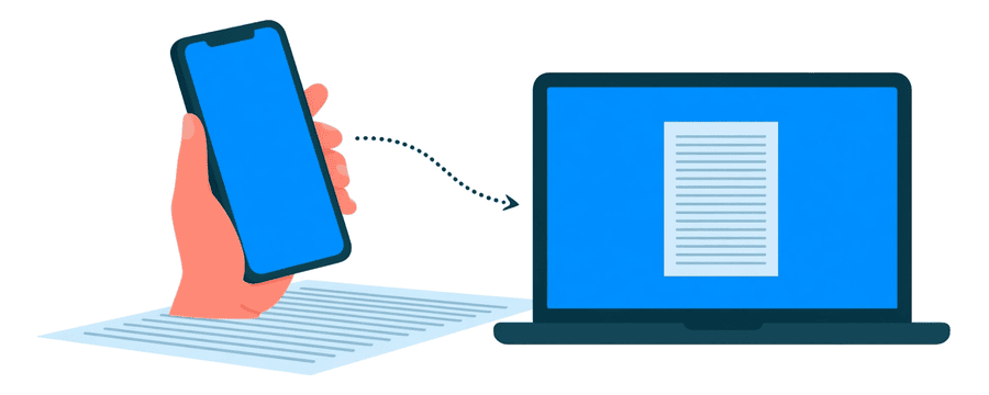 Illustration: a phone above a paper sheet, with a dotted arrow carrying the page to a laptop screen