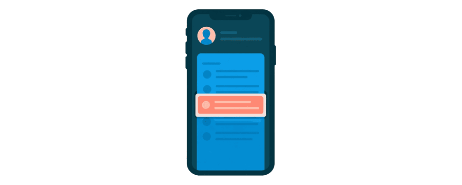 Illustration: a phone store screen with a round profile icon and an open menu with one row highlighted