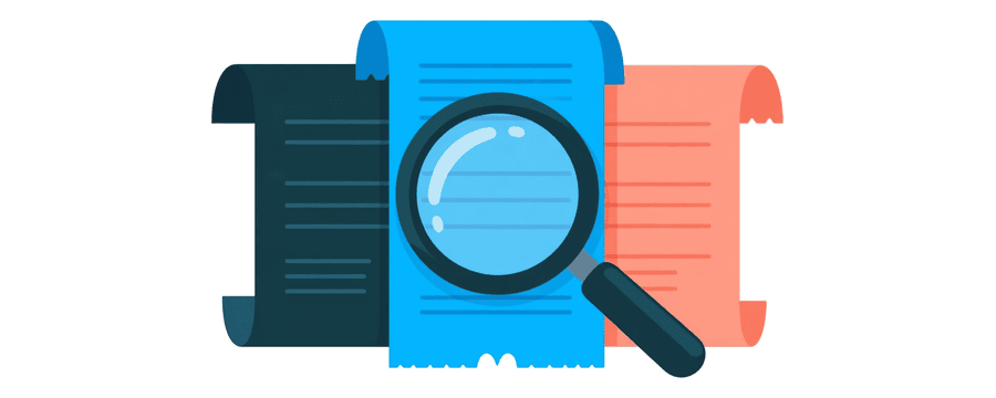 Illustration: three receipts side by side, with a magnifying glass over the blue one in the middle