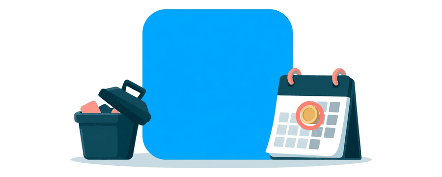 Illustration: an app tile dropping into a bin, beside a calendar with a coin on one circled day