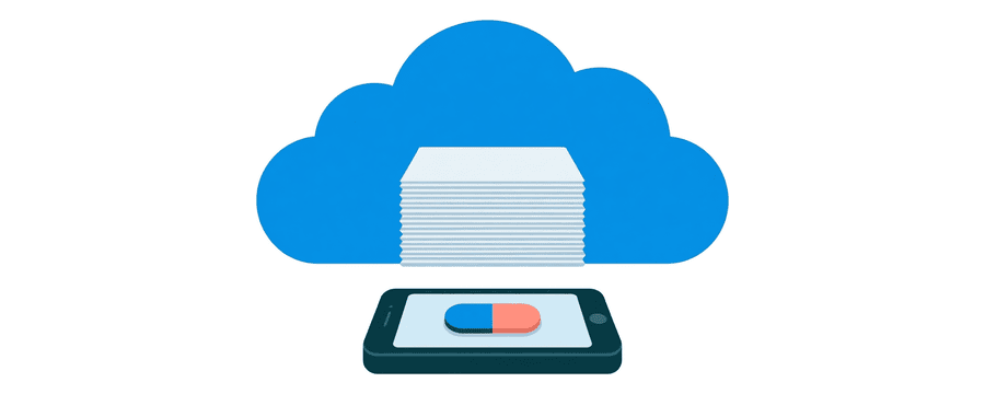 Illustration: a stack of paper sheets resting in a cloud above a phone with a toggle switched off