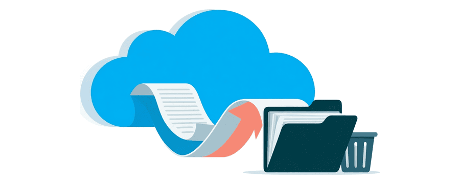 Illustration: paper sheets moving from a cloud into an open folder, with a small bin on the other side