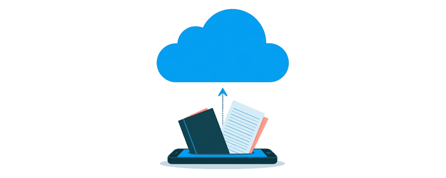 Illustration: an identity booklet and a paper sheet rising from a phone up into a large cloud