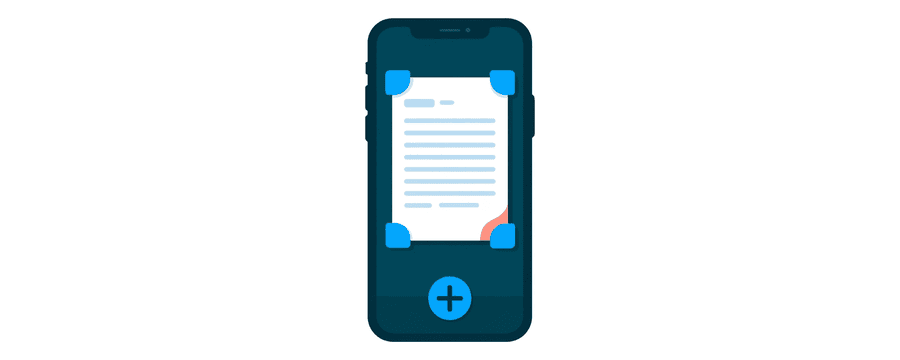 Illustration: a phone screen framing a paper sheet with four corner marks, and a round plus button below it