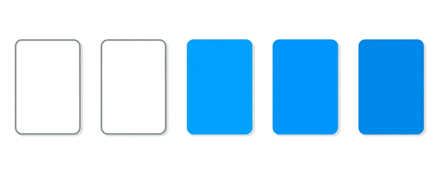 Illustration: a row of five small cards, the two on the left empty outlines and the three on the right solid blue