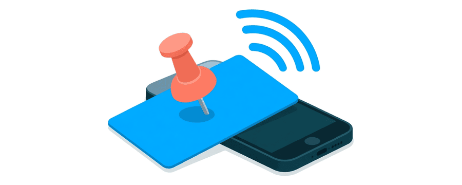 Illustration: a pinned blue card beside a smartphone with blue signal arcs rising from it