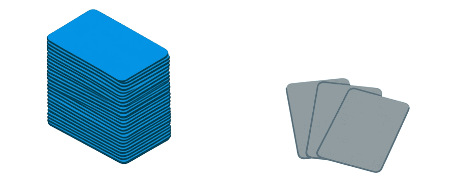 Illustration: a tall stack of blue cards on the left and three grey cards far apart on the right