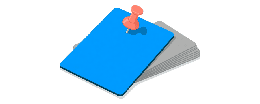Illustration: a blue card held by a coral pin, with loose grey cards to one side